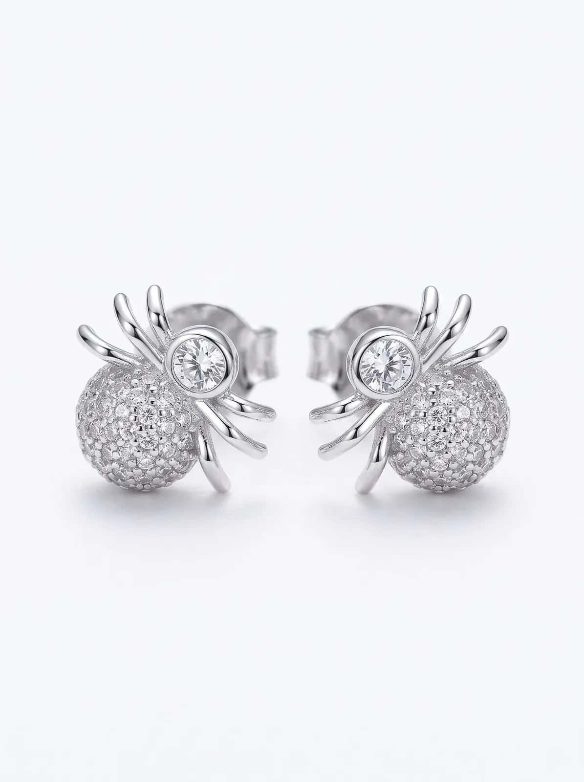 Silver white stone spider earrings