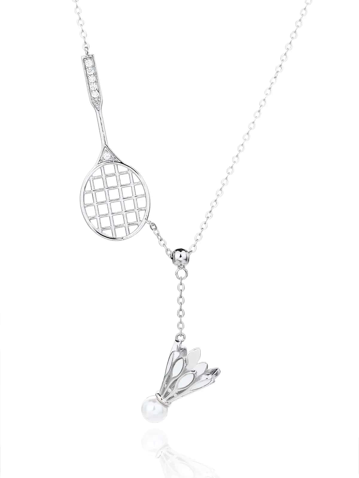 Collar de plata con colgante de raqueta y volante de bádminton, con circonitas blancas y perla