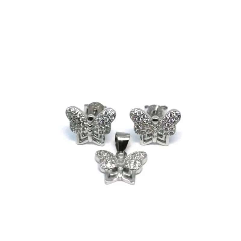 Conjunto de pendientes y colgante de mariposa de plata con piedras blancas