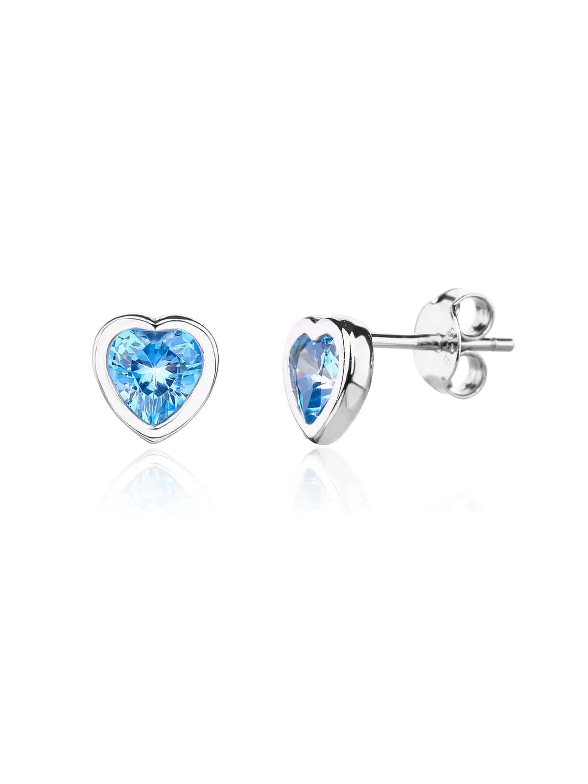Pendientes de botón de corazón de plata con circonitas azul claro, con baño de rodio