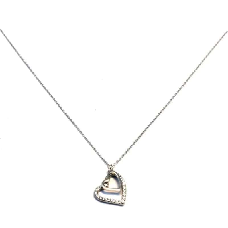 Cadena de plata con colgante doble corazón con piedras blancas