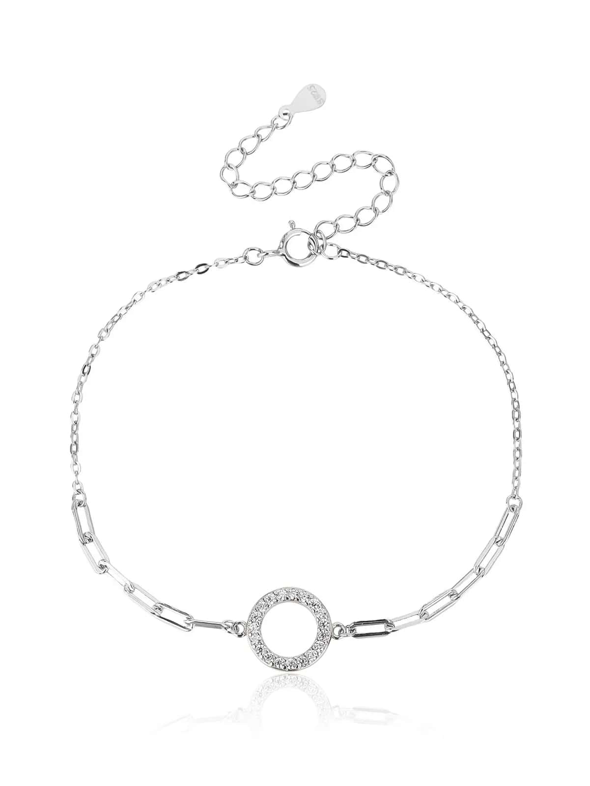 Pulsera de eslabones alargados con motivo circular y circonitas, plata de ley 925 con baño de rodio (17 + 6 cm)