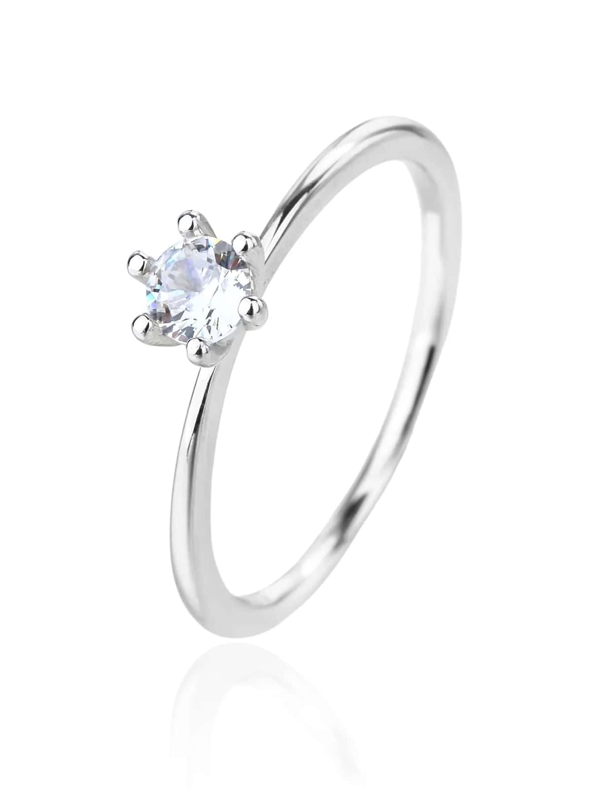Inel din argint cu zirconii albe, placat cu rodiu – stil solitar minimalist