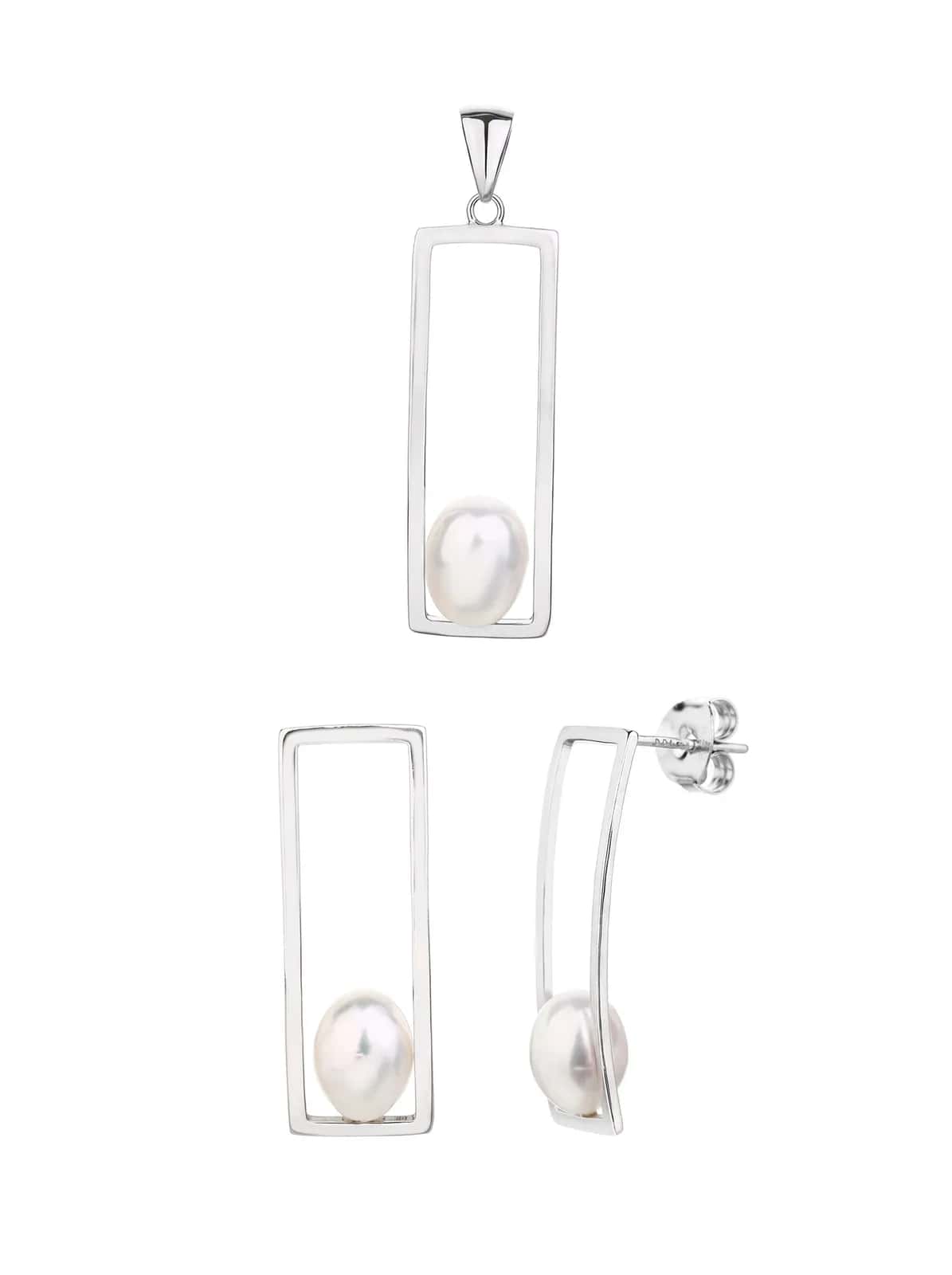 Conjunto de joyas con perlas blancas cultivadas de agua dulce, plata de ley 925 con baño de rodio