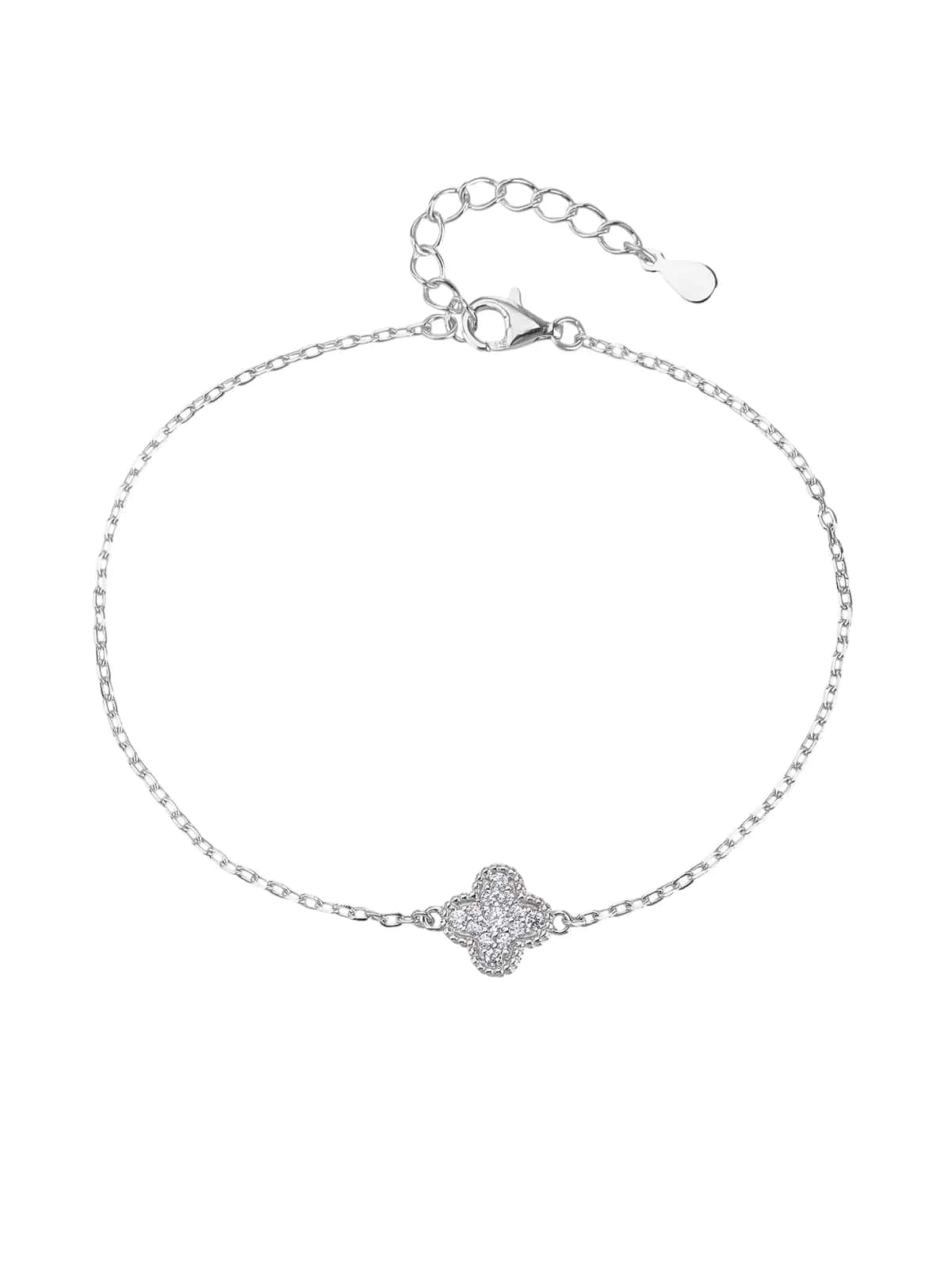 Pulsera de plata de ley 925 con trébol de cuatro hojas y circonitas, con baño de rodio