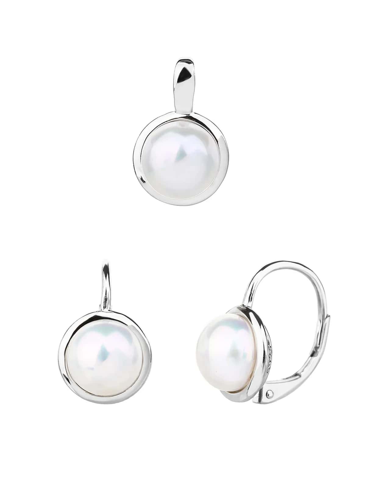 Conjunto de joyas con perlas de agua dulce tipo botón, plata de ley 925 con baño de rodio (sin cadena)