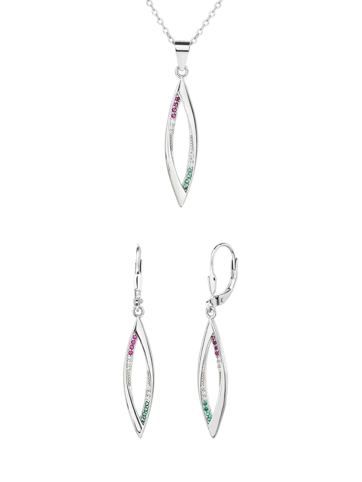 Conjunto Nemzeti Fény tricolor de colgante y pendientes en forma de navette, plata de ley 925 con baño de rodio