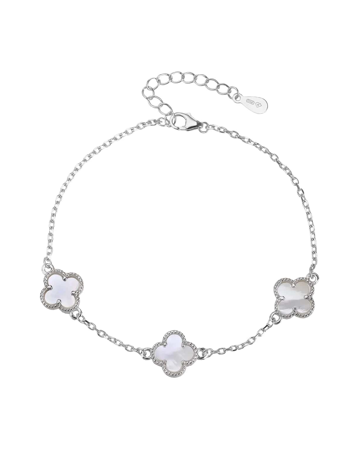 Pulsera de plata con tres tréboles de cuatro hojas e incrustaciones de nácar, con baño de rodio