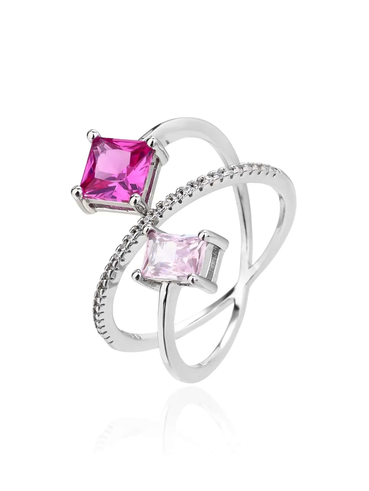 Anillo abierto de diseño de plata con circonitas rosas, de dos piezas
