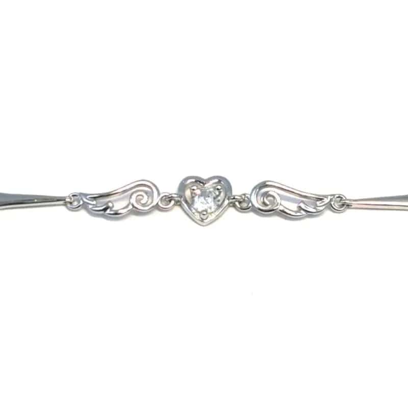 Pulsera de plata con corazoncitos, alas de ángel y piedras blancas