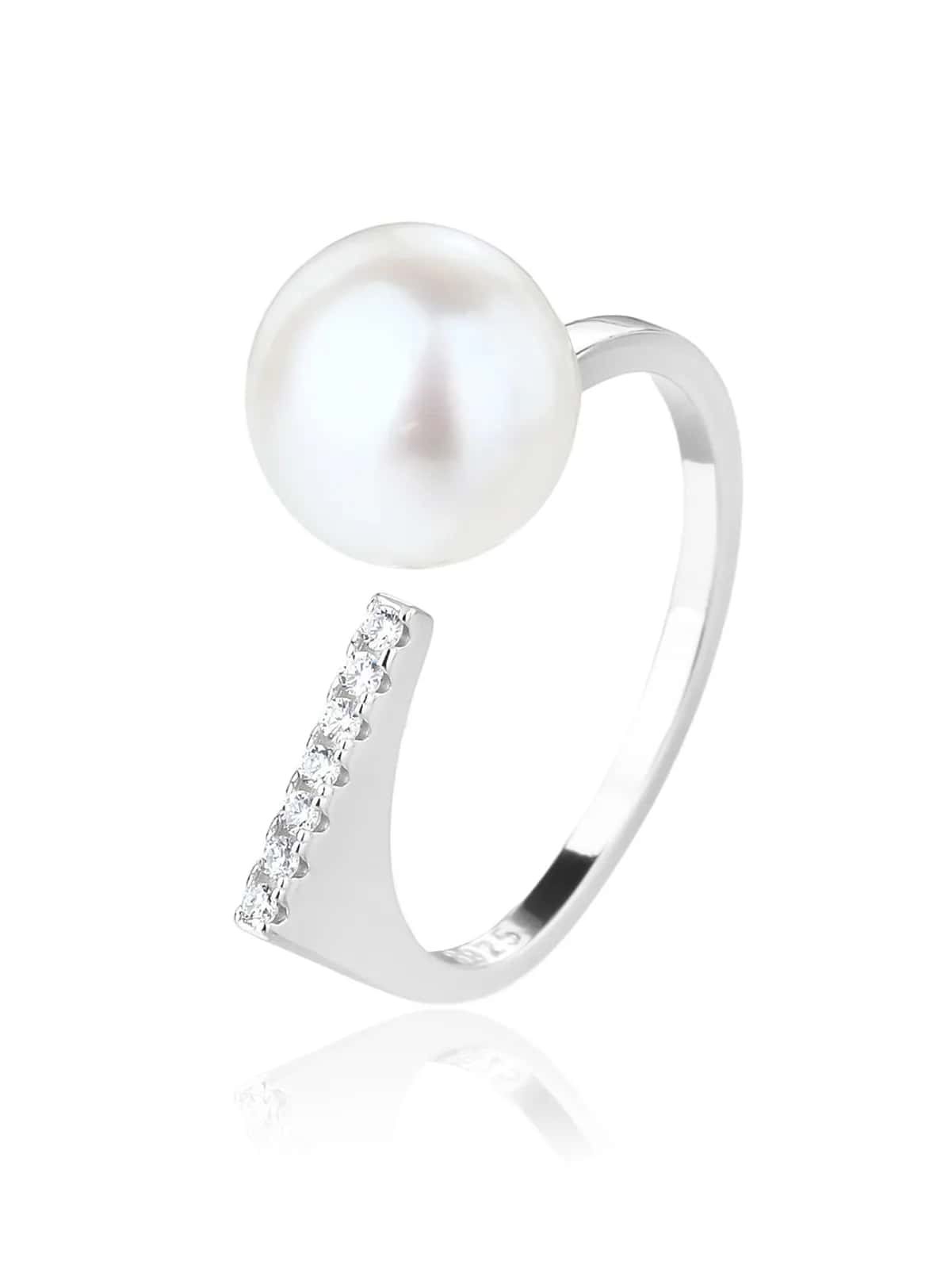 Anillo abierto con perla blanca cultivada de agua dulce y circonitas, plata de ley 925 con baño de rodio